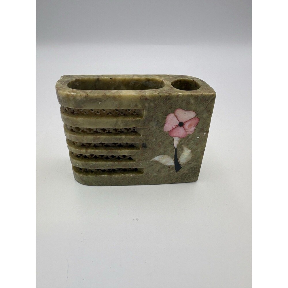 Hand Carved Stone Pen Holder and Visiting Card Floral Inlay Desk Decor Gift